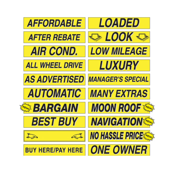 Car Dealer Depot 15" Yellow & Black Adhesive Windshield Slogans: Per Month Pk 159-PE
